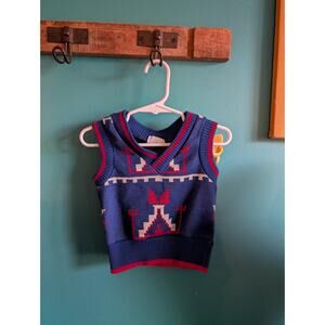 Vintage 70s Toddler Sweater Vest 2T Navy Red Knit Retro Style